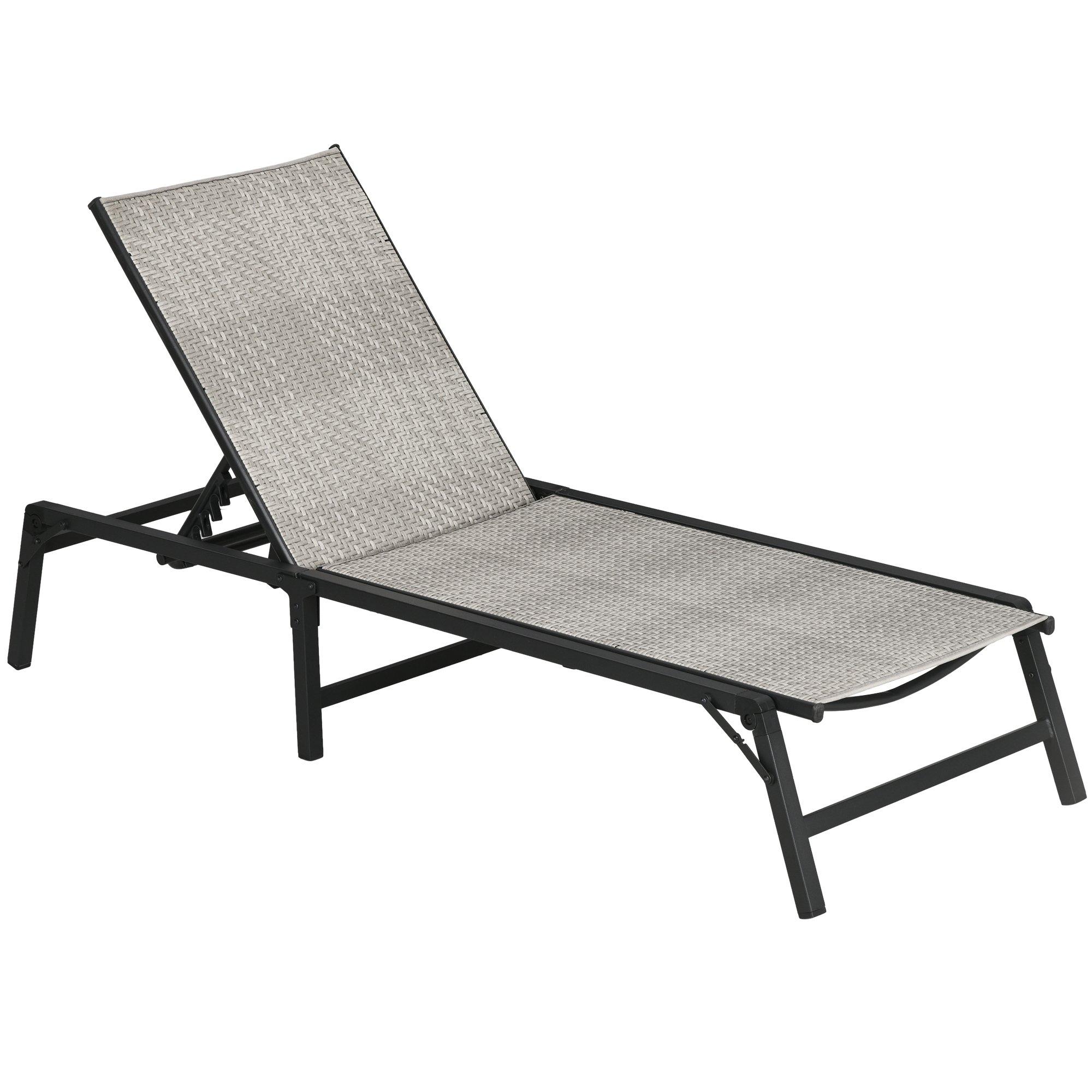 Foldable Outdoor PE Rattan Sun Lounger w/ 5-Level Adjustable Backrest, Mix Grey